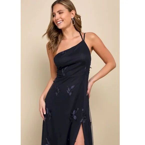 Lulus Regal Poise Navy Blue 3D Floral Applique One-Shoulder Maxi Dress XS NWT - Picture 9 of 16